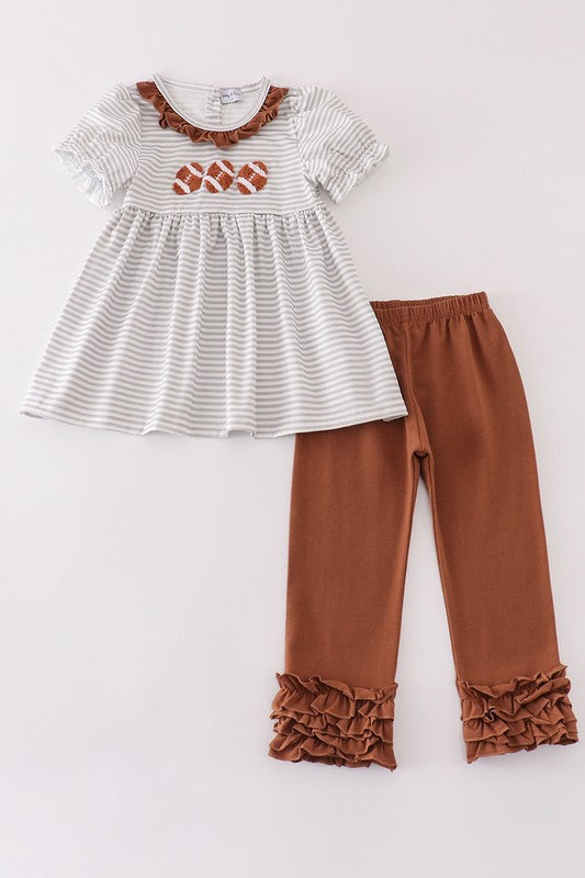 Brown Football French Knot Stripe Girl Set